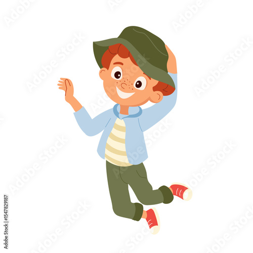 Happy cartoon boy jumping and smiling joyfully. Cute child in casual outfit having fun. Childhood character. Vector illustration for card, banner, poster, print and design element