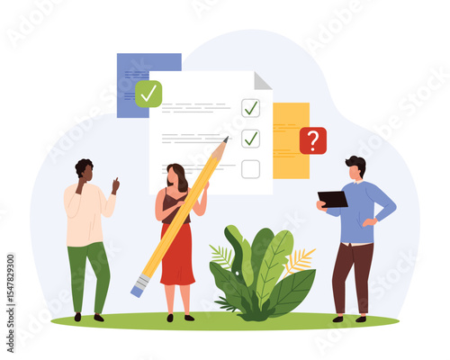 Checklist survey, notes and reminder. Tiny people holding pencil to write ticks in list on paper document, think about choice and question in questionnaire, plan work tasks cartoon vector illustration