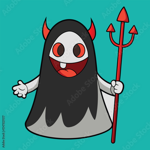 Funny halloween ghost character with horns and pitchfork