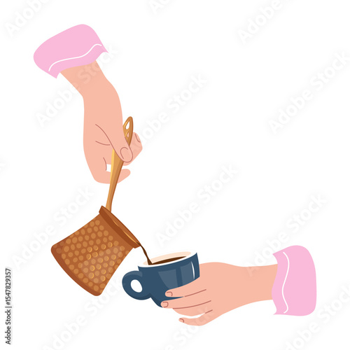 Hands pouring rich aromatic coffee from traditional copper cezve into porcelain espresso cup Vector design element turkish coffee pot for banner, poster, print. Fragrant coffee ritual to start the day