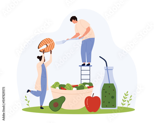 Healthy food menu, organic diet for wellness and body health. Tiny people with fork eat fish and fresh vegetable salad from bowl, detox green vitamin smoothie in bottle cartoon vector illustration