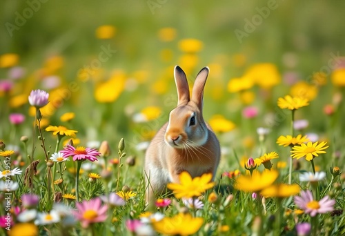 Adorable brown bunny hops in sunny wildflower meadow,  playful,  mammal