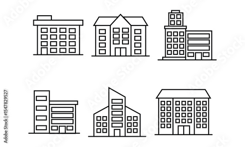 Set of six black line art building icons on a white background, featuring various architectural styles. Ideal for real estate, construction, architecture, city planning, and infographic designs.