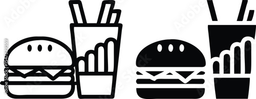 Minimalist Line Art Fast Food Icon Set – Burger, Fries, Soda Vector Illustration