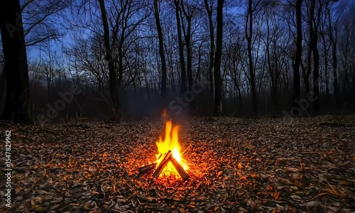 Campfire in a dark forest at twilight