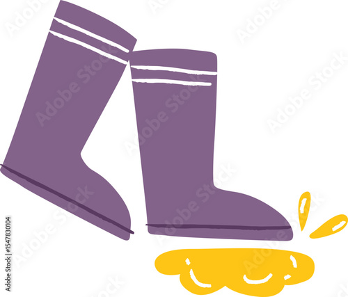 Purple rain boots simple playful vector illustration, rubber boots rainy weather autumn outdoor fun, stepping into a puddle, flat vector illustration with isolated on white background