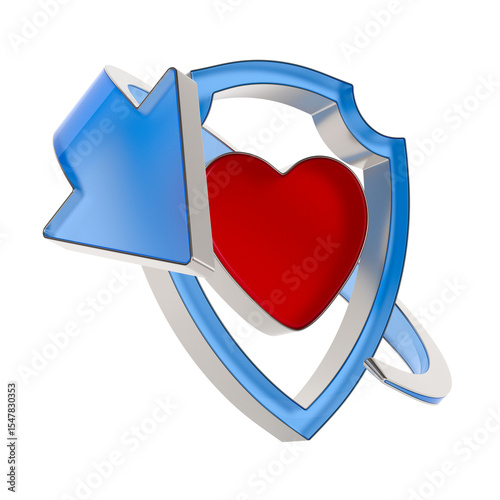 Heart and shield on white background. Isolated 3D illustration
