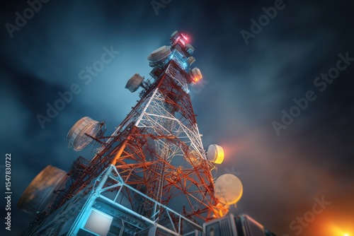 A cell tower with a red light on top shining brightly at night, symbolizing emergency communication and connectivity.