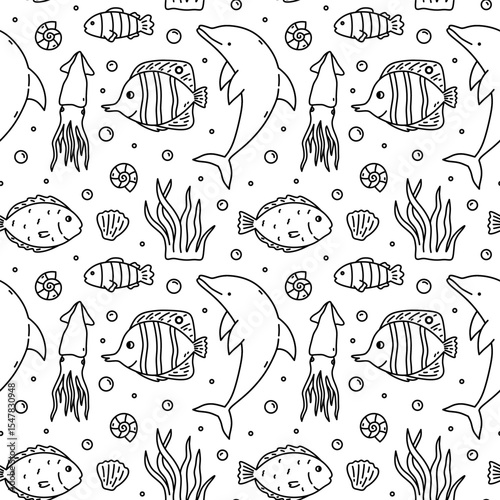 Cute seamless pattern with sea creatures - dolphin, squid, fish, shells and algae. Vector hand-drawn doodle illustration. Perfect for print, wallpaper, decorations.