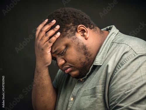 Fat man holds his head, very upset