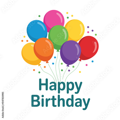 happy birthday balloons with colorful confetti on white background, festive celebration concept for cards, posters, and invitations