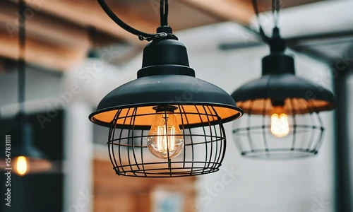 Close-up of black metal pendant lights with warm-toned Edison bulbs