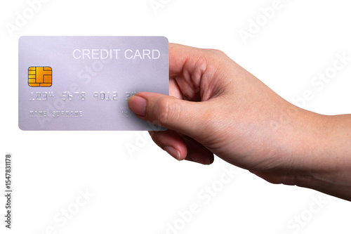 Male hand hold silver platinum credit card isolated on white background.