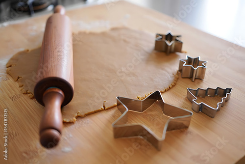 Preparing Holiday Cookies: Rolling Pin and Star-Shaped Cutters on a Dusting of Flour photo