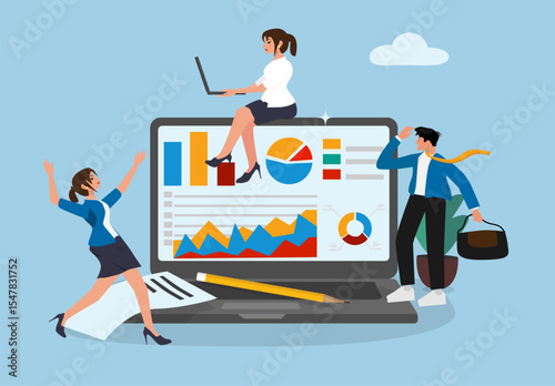 Business Team Analyzing Big Data and Marketing Charts on Laptop with Office People Working Together in Flat Illustration Style