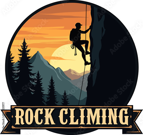 Retro vector emblem of rock climbing with climber ascending steep cliff at sunset. Pine trees and mountains create a scenic background