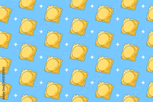 Ravioli pasta with light colorful doodle pattern on blue background. Italian ravioli pasta seamless pattern background. Ravioli isolated wallpaper. Food, restaurant, foodstuff. Vector illustration