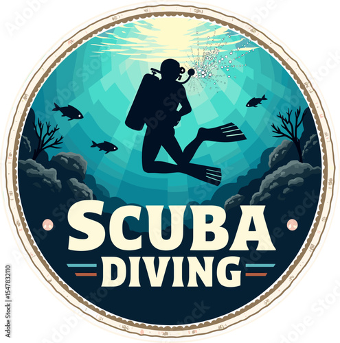 Scuba diving vector badge featuring a diver with fish and coral in a calm underwater landscape, with bold text and vintage design style