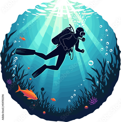 Colorful vector illustration of a scuba diver swimming with tropical fish over a coral reef, sunlight piercing the water, in round design
