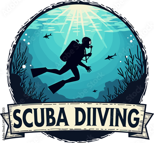 Silhouette vector of a scuba diver swimming through underwater scene with sharks, coral and text "Scuba Diving", framed as an adventure badge