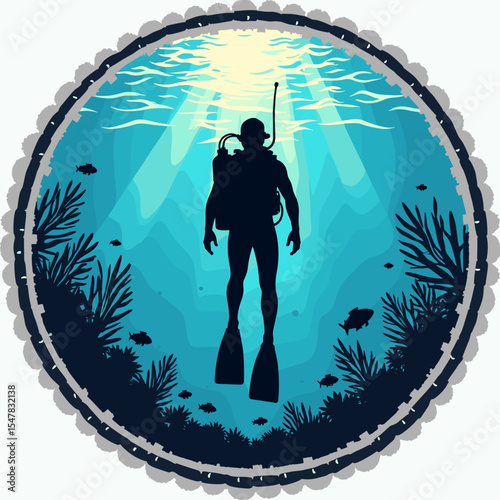 Underwater vector badge of a scuba diver floating in sunlight with coral and fish around, silhouette style in turquoise and navy tones