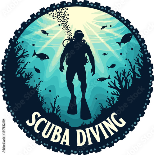 Vector illustration of a scuba diver underwater surrounded by fish and coral, in a round badge with text “Scuba Diving”, ocean adventure theme