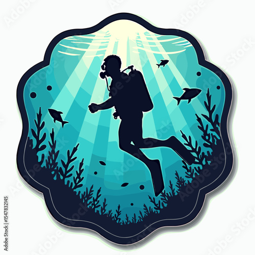 Scuba diver silhouette swimming through coral reef with tropical fish and light beams underwater