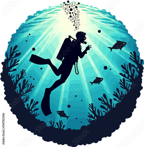 Scuba diver ascending through rays of light, surrounded by fish and reef in calm ocean waters