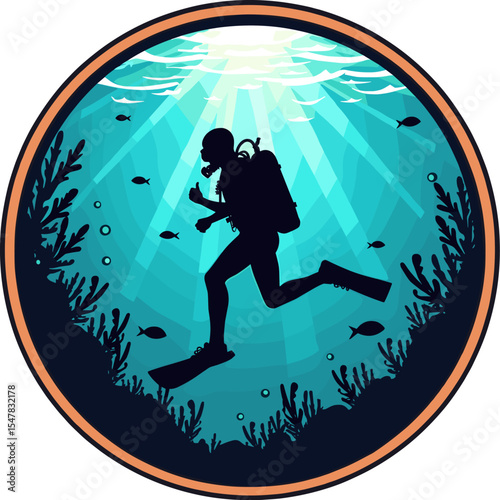 Scuba diver silhouette walking on ocean floor with thumbs-up gesture and surrounded by marine life