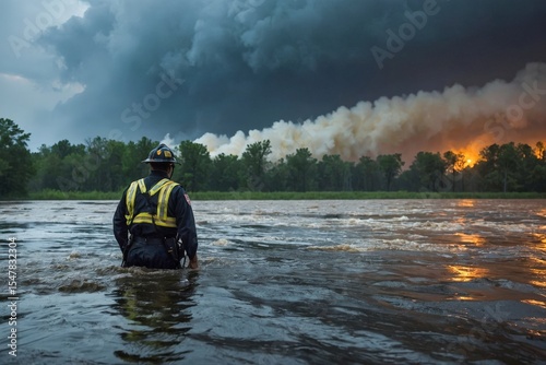 Firefighter standing in flooded water amidst wildfire smoke and dark clouds in late afternoon light