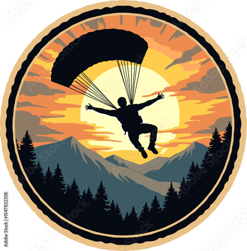 Skydiver in freefall with arms open descending over mountains and forest at vibrant sunset