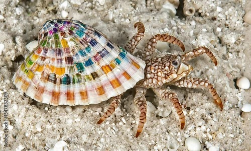 Colorful crab in a shell, nestled in sand