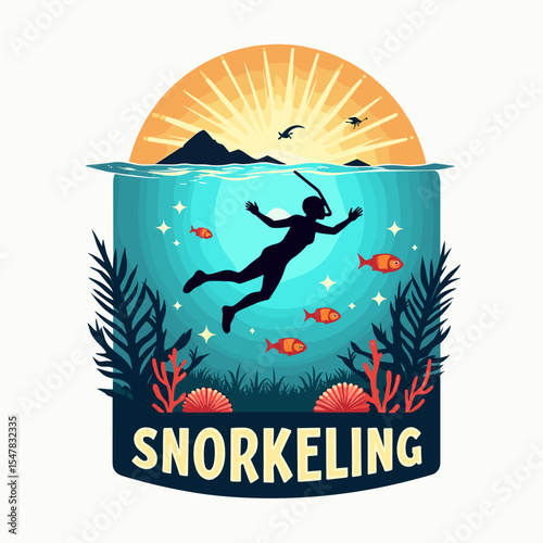 Snorkeler swimming underwater in tropical ocean with orange fish, coral and sun rays in background