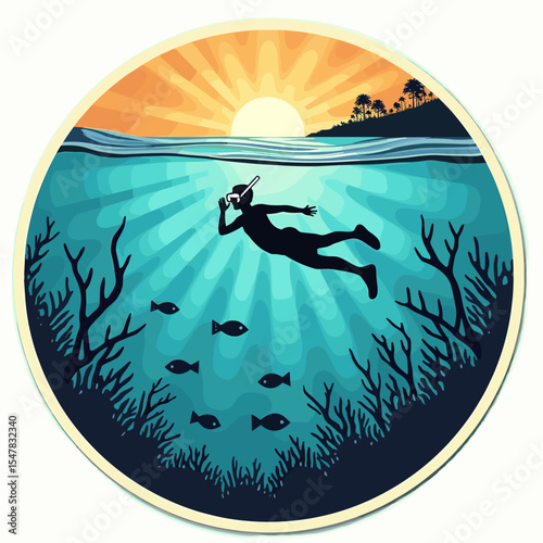 Snorkeler swimming over coral reef at sunset in tropical shallow water with silhouettes of fish