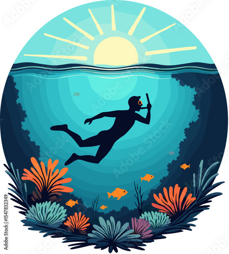 Snorkeler swimming over coral reef with colorful fish and underwater flora in bright tropical scene