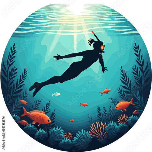 Female snorkeler swimming underwater with tropical fish and coral, sunlight streaming from above
