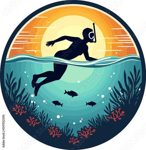 Snorkeler silhouette swimming near coral reef in shallow tropical water with bright sunset background.

