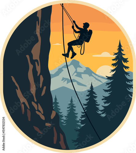 Silhouette of rock climber on rope with pine forest and snowy mountains during sunset