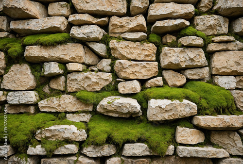 Textured Beige and Cream Stone Wall with Green Moss Accents