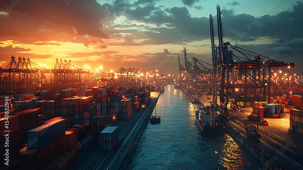 Fototapeta premium Sunset Over Busy Shipping Port with Cranes and Cargo Containers