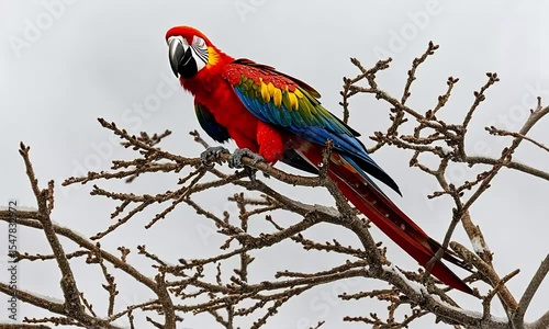 Colorful parrot perched on snow-dusted branches