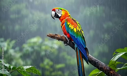 Colorful parrot perched on a branch during a tropical downpour