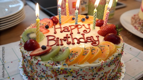 Festive Fruit-Topped Birthday Cake with Colorful Candles and “Happy Birthday” Icing
