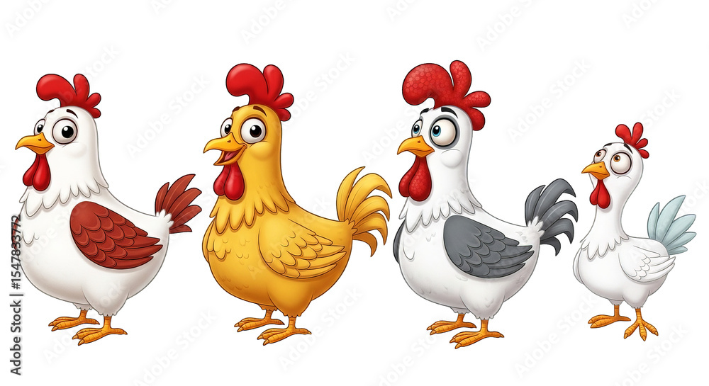 Fototapeta premium Cartoon drawing of four whimsical chickens with silly expressions on a stark black background.
