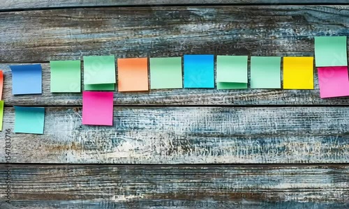 Colorful sticky notes on a weathered wooden surface