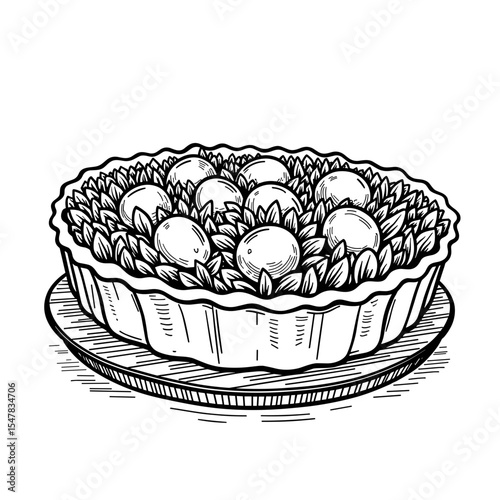 Black and White Vegetable Pie Illustration, Savory Baking Coloring Page