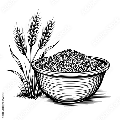 Grain Basket with Wheat Stalks, Harvest Line Art Illustration for Agriculture Concepts
