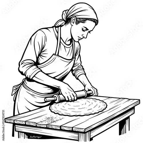 Person rolling dough on floured table, handmade cooking process in black and white illustration