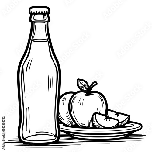 Farm cider bottle with apple slices, orchard flavors coloring page, bold lines