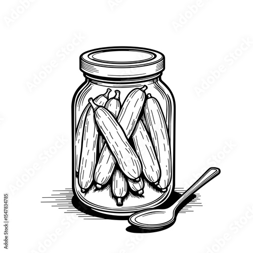 Pickled cucumbers in jar illustration, homemade preserves coloring page